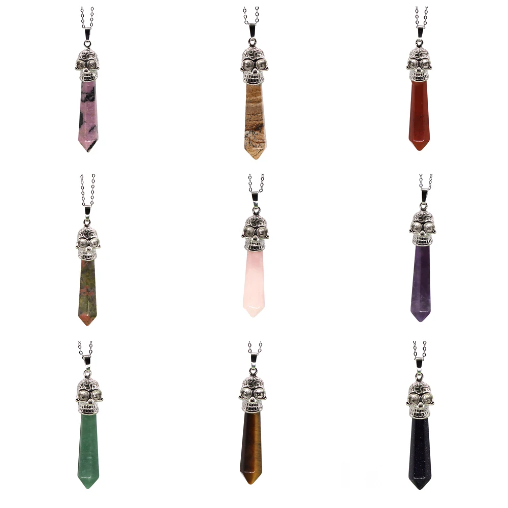 

60mm Skull Hexagon Healing Crystal Pillar Pendants Natural Stone Pendulum Silver Plated Charms Jewelry Wicca Witch Men Amulet
