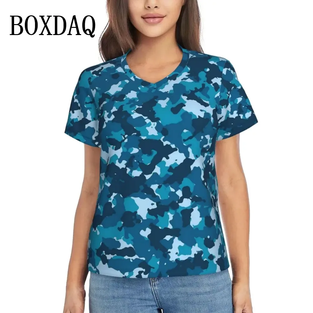Женская камуфляжная футболка с коротким рукавом и V-образным вырезом
