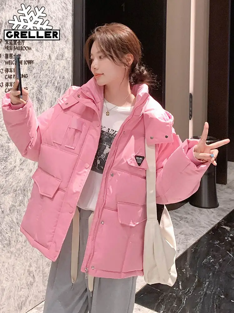 GRELLER 2022 New Winter Clothes Women's Down Cotton Padded Jacket Women Korean Loose Warm Thicken Hooded Parkas Coat Outwear
