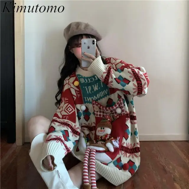 Kimutomo Рождественская атмосфера красный свитер большого размера трехмерные