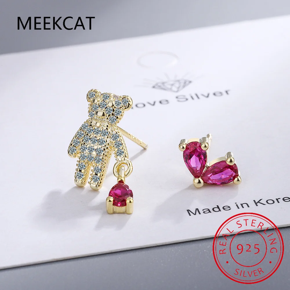 

925 Sterling Silver Love Bear Stud Earrings for Women Cute Pink Pendant Drop Earring for Girl Shining Heart Fine Jewelry SCE1384
