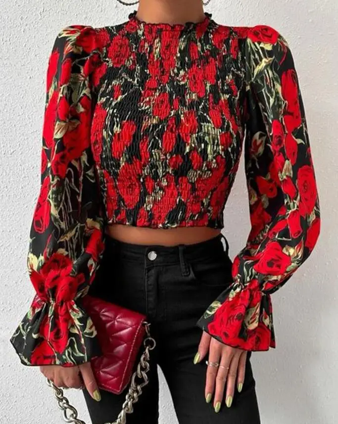 

2023 Spring New Women's Shirt Fashion Round Neck Floral Print Ruffled Cuff Fold Cut Top Retro Casual Street Wear