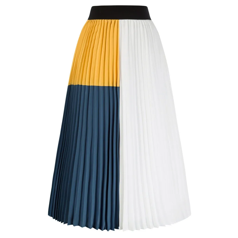 

GK Women Contrast Color Pleated Skirt Elastic Waist Flared A-Line Midi Swing Skirt GRACE KARIN Summer Clothes Lady Dress A20