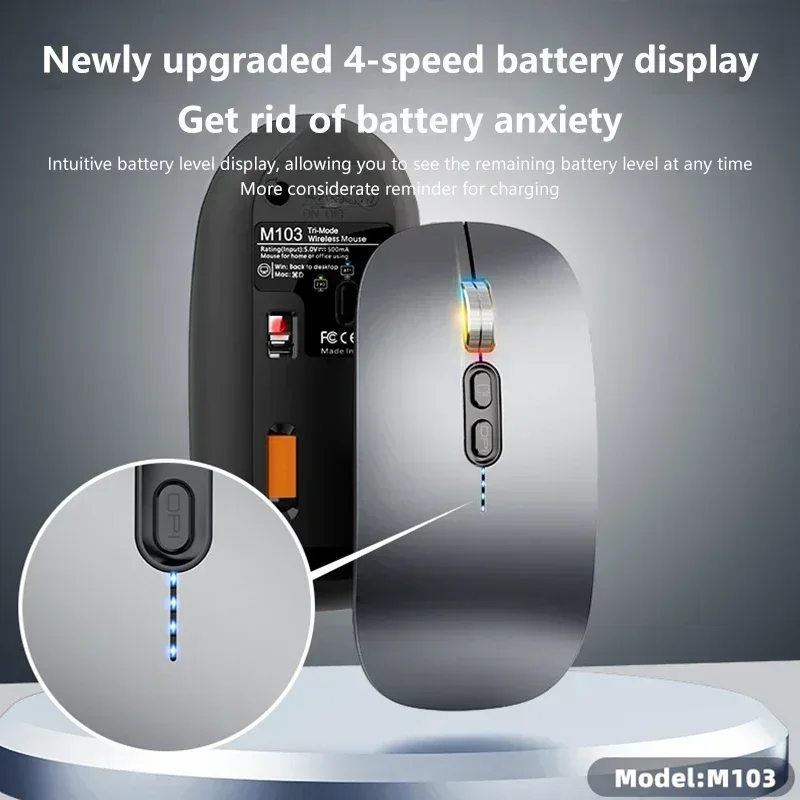 Фото Беспроводная мышь Lenovo, ультратонкая, 3 режима, 2,4G USB и 2 Bluetooth, индикатор заряда, эргономичная, перезаряжаемая, бесшумная, для ПК и ноутбуков №2