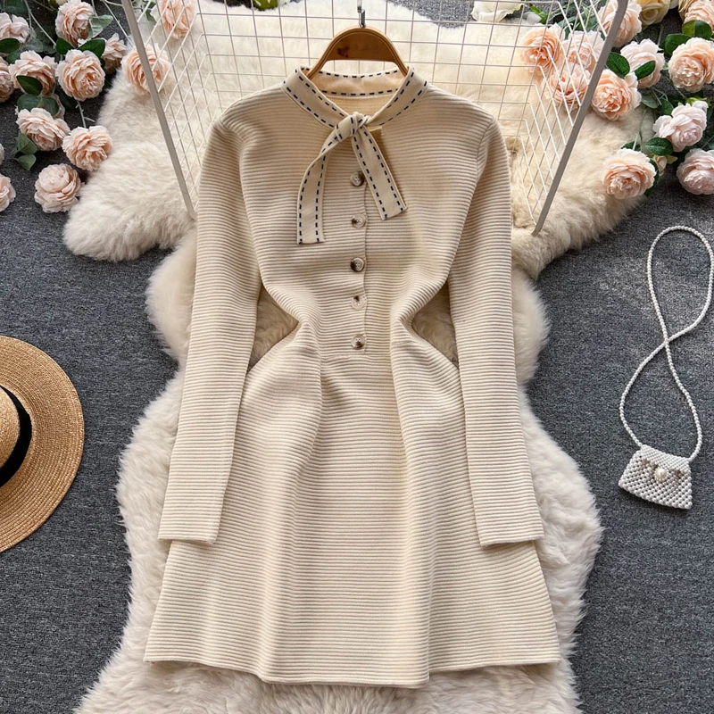 

Chic Mini Knitted Women Bow Tie Neck Sweater Dress Thick Warm Winter Female Rib Turtleneck A Line Dress Office Lady French Style