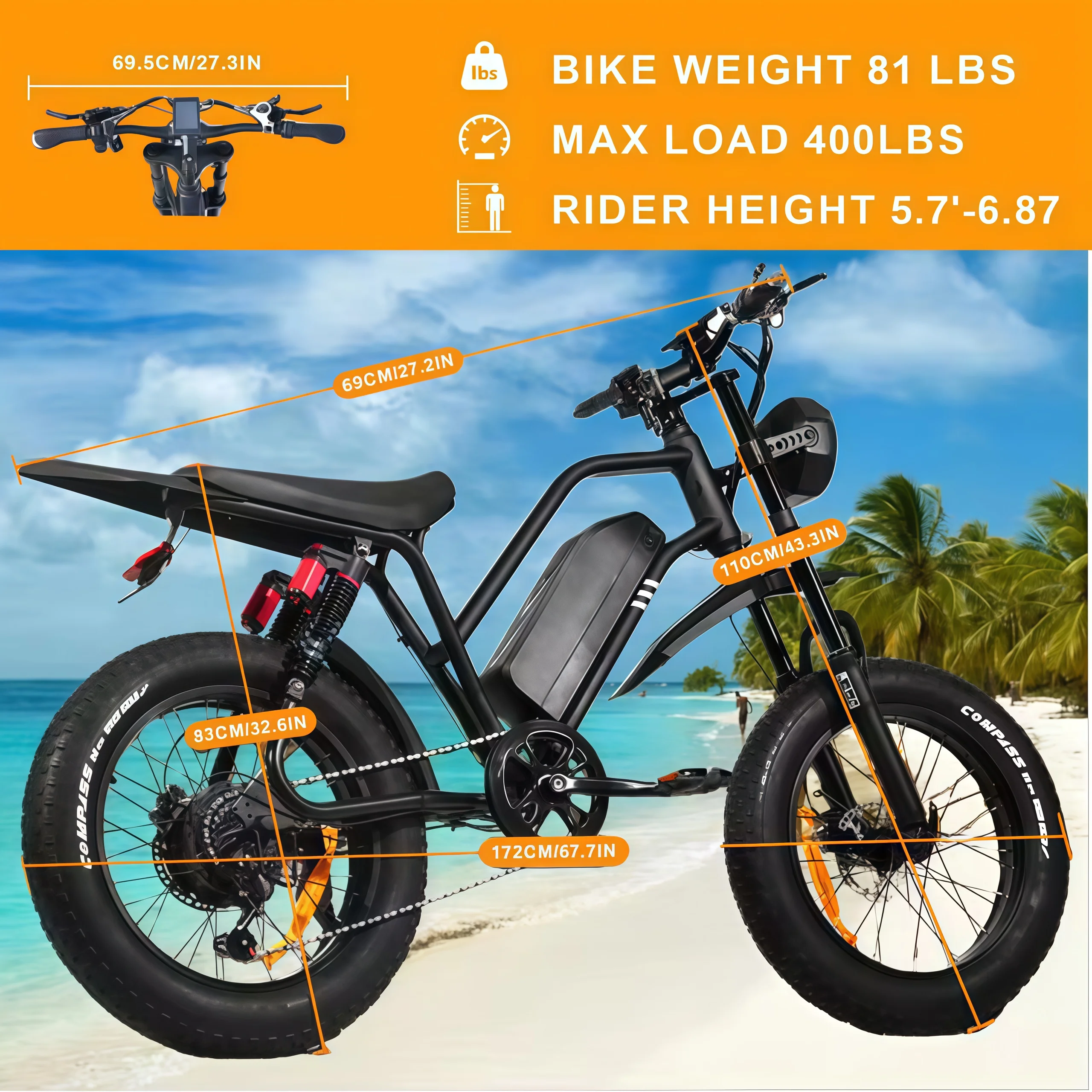Фото Электровелосипед OBX EB20-A05 1500W с аккумулятором 48V20Ah, 20-дюймовыми широкими шинами, для бездорожья и городских поездок, скорость до 28 миль/ч. №3