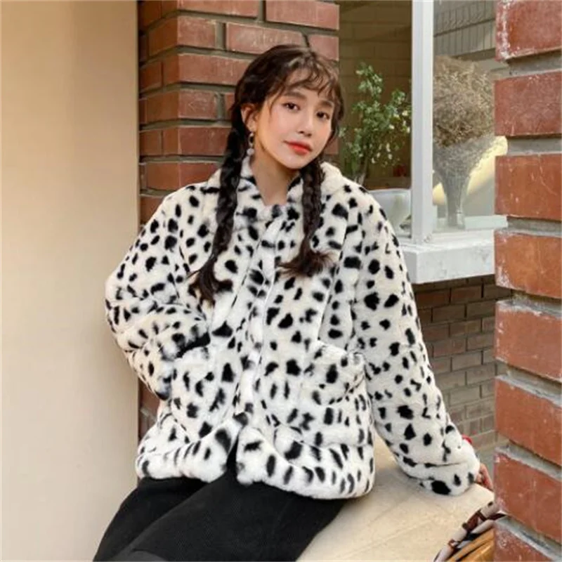 Plush autumn winter imitation fur jackets womens short coats new korean loose white leopard point fur clothes kurtka zimowa dams