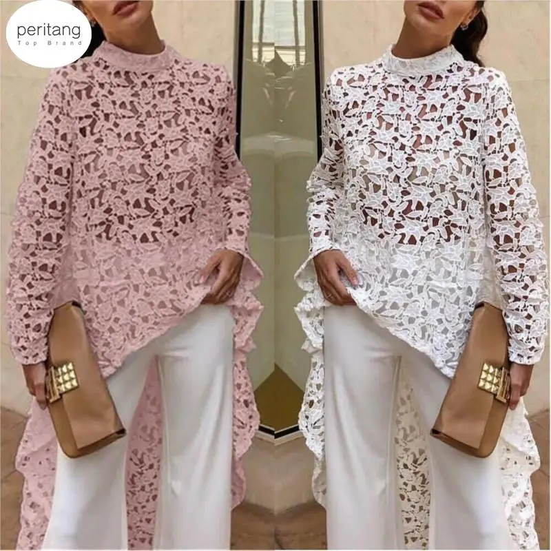 

2023 Fashion Women Sexy Hollow Out Pullover Lace Asymmetrical Loose Long Solid Ladies Jumper PulloverTops Blouse Tunic