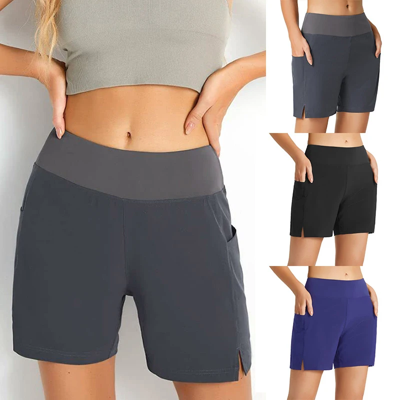 

Women Swim Shorts High Waist Swimsuit Pocket Bottom Bathing Suit Flat Corner Ladies Pocket Running Loose Stretch Casual Dry Pant