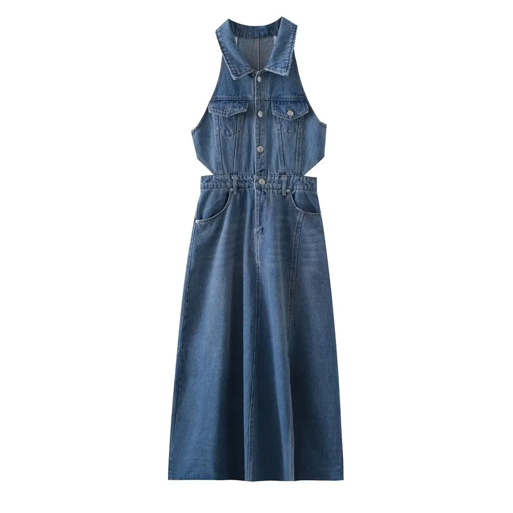 

Женское джинсовое платье PB & ZA, универсальное повседневное длинное платье без рукавов с воротником-поло, лето 2023