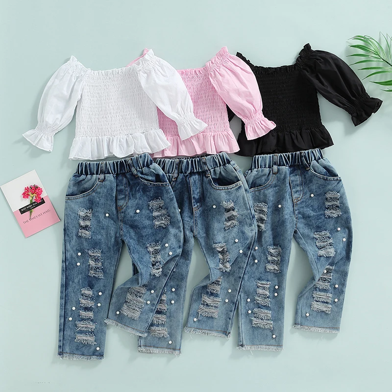 

Toddler Kids Girls 2 Pieces Autumn Clothes Set Lantern Long Sleeve Ruched Tops + Beaded Ripped Jeans Denim Pants Outfits
