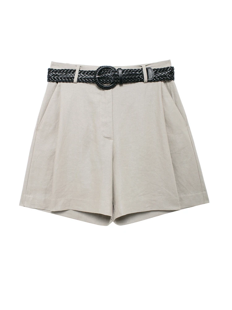 Женские льняные шорты-бермуды KAOPU ZA с высокой талией и поясом комплекты из двух