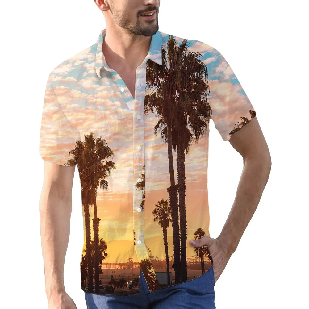 

Summer Beach Men's Shirt Short Sleeve Coconut Tree Digital Printed Top With Hawaiian Shirt Holiday Mens Clothing Camiseta