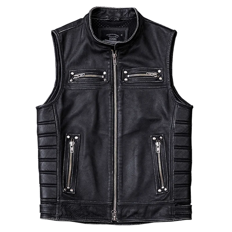 

DHL Free Shipping Vintage Edging Black Motorcycle Leather Vest Men 100% Calf Skin Vests Man Biker Waistcoat Sleeveless Jacket