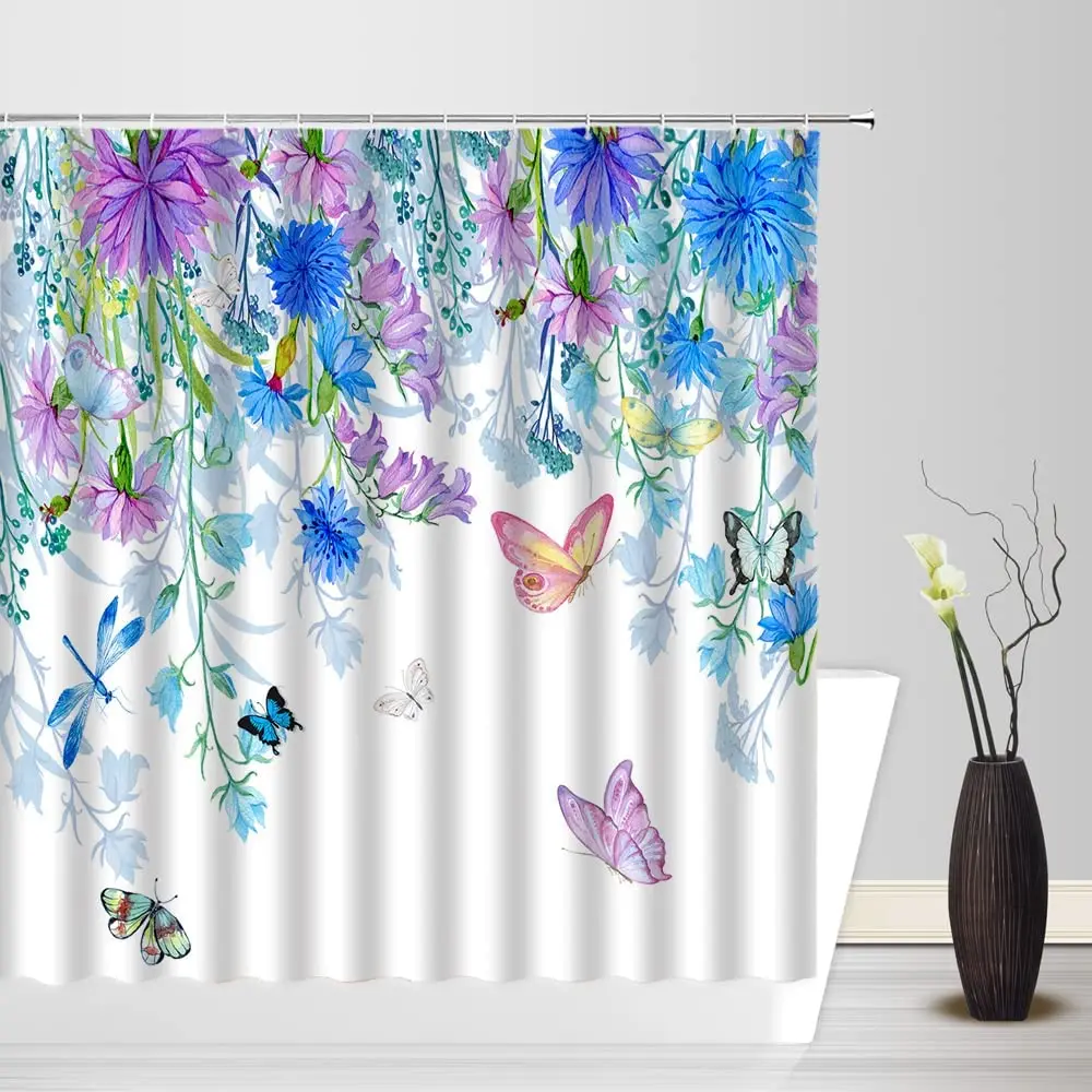 

Занавеска для душа с растениями, Современная тканевая штора из полиэстера, в стиле весеннего фермерского зала, с цветами акварелью, бабочкой, декор для ванной комнаты