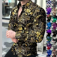 mens 3d printing fashion geometric pattern shirts long sleeve lapel button shirts