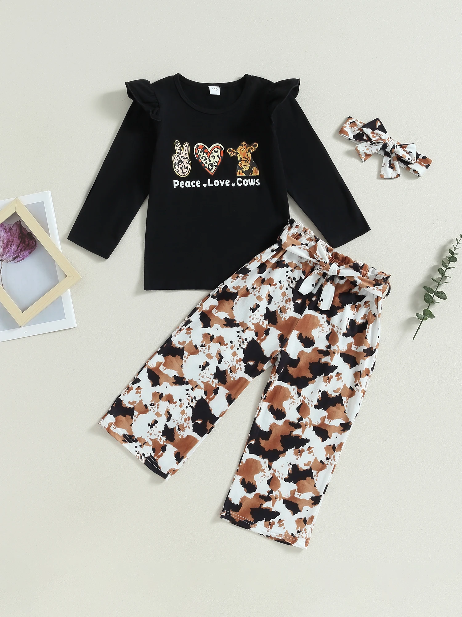 

Рубашка с длинным рукавом с оборками и принтом коровы для маленьких девочек, с широкими штанинами и поясом-комплект из 3 предметов для осени и зимы