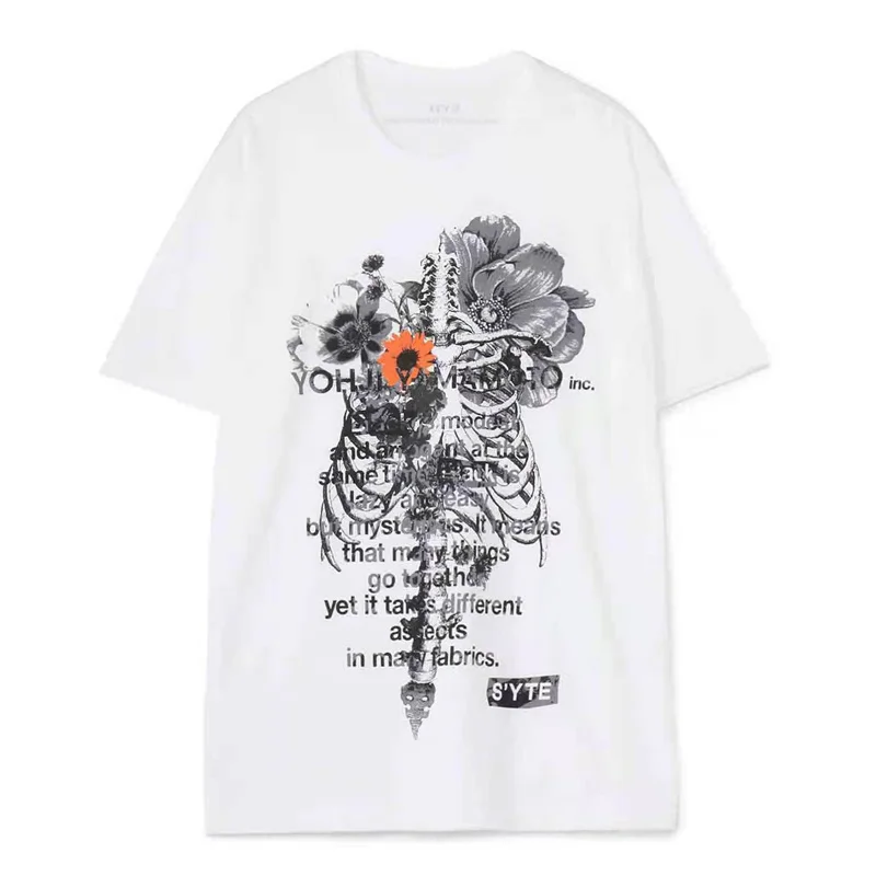 

Y3 Yohji Yamamoto 22SS Rib Flowers Plants Text Printing Summer Pure Cotton Men And Women Casual Short Sleeve T-shirt