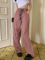 pink plaid cargo pants oversize women casual wide leg trousers ins retro teens straight trousers harajuku streetwear y2k clothes