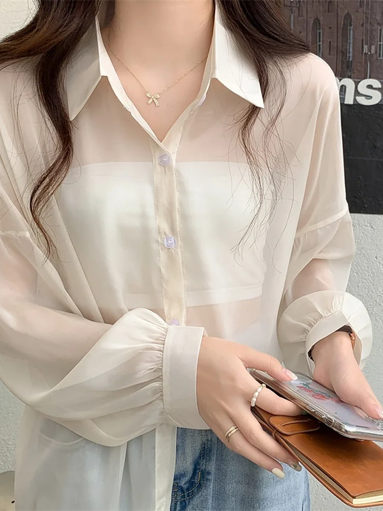 Woherb 2023 Просвечивающая рубашка для женщин блузка с длинным рукавом Женский Летний