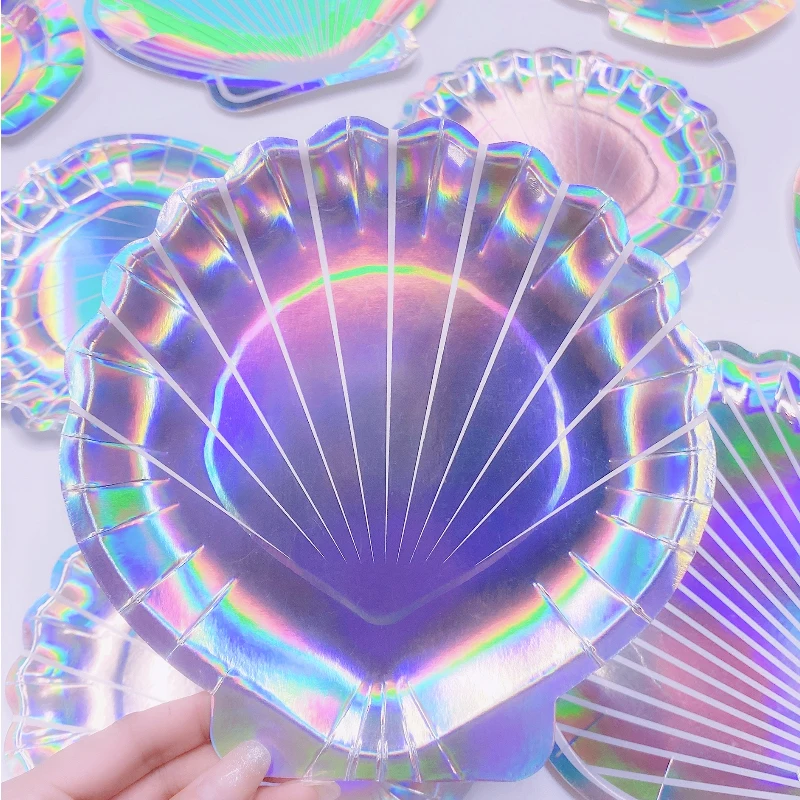 

9in 8count Foil Shell Paper Plates Glitter Iridescent Disposable Plates for Mermaid Party Wedding Birthday Party Decorations