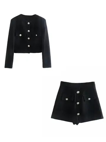 Женский твидовый комплект из двух предметов XEASY, Черный винтажный офисный однобортный пиджак, повседневный облегающий костюм с шортами с высокой талией, 2021
