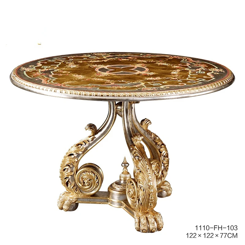 

French luxury court all solid wood heavy industry carved gold plated silver foil painted round dining table and chairs.