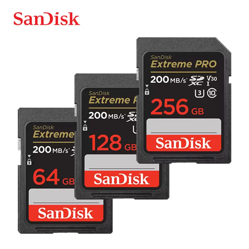 Original New SanDisk Extreme PRO SD Card 64GB 128GB 256GB 200MB/s Carte SD SDXC Class10 C10 U3 V30 4K UHD For Camera SD Card 32G