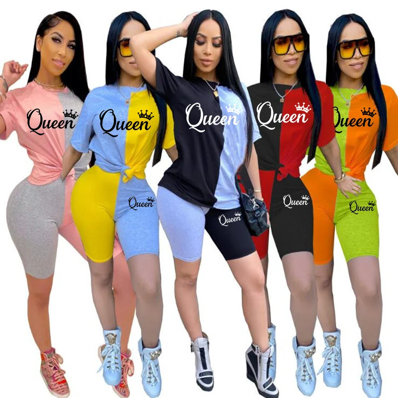 Women 2023 Summer Clothing Fashion Sweatsuits QUEEN Printed Shorts Two Piece Sets Outfits Patchwork Short Sleeve Tracksuits