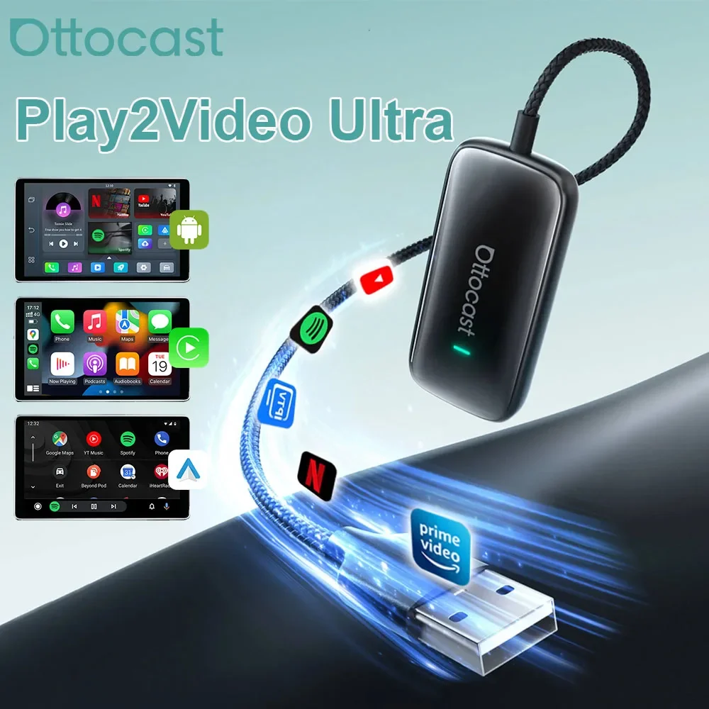 Фото Ottocast Play2Video Ultra Ai Box Беспроводной адаптер CarPlay Android Auto Встроенный Youtube Netflix IPTV для автомобиля с проводным Carplay №1