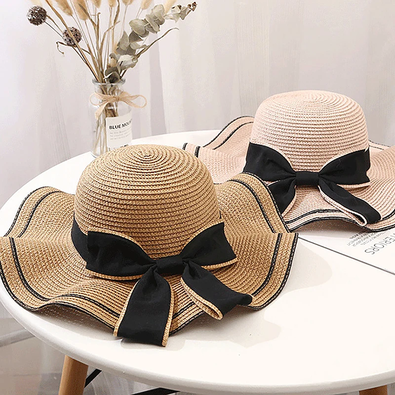 

Double Wave Bow Straw Hat Sun Visor Cap Casual Beach Outdoor Summer Hat Straw Hat Holy Week Holiday Essentials