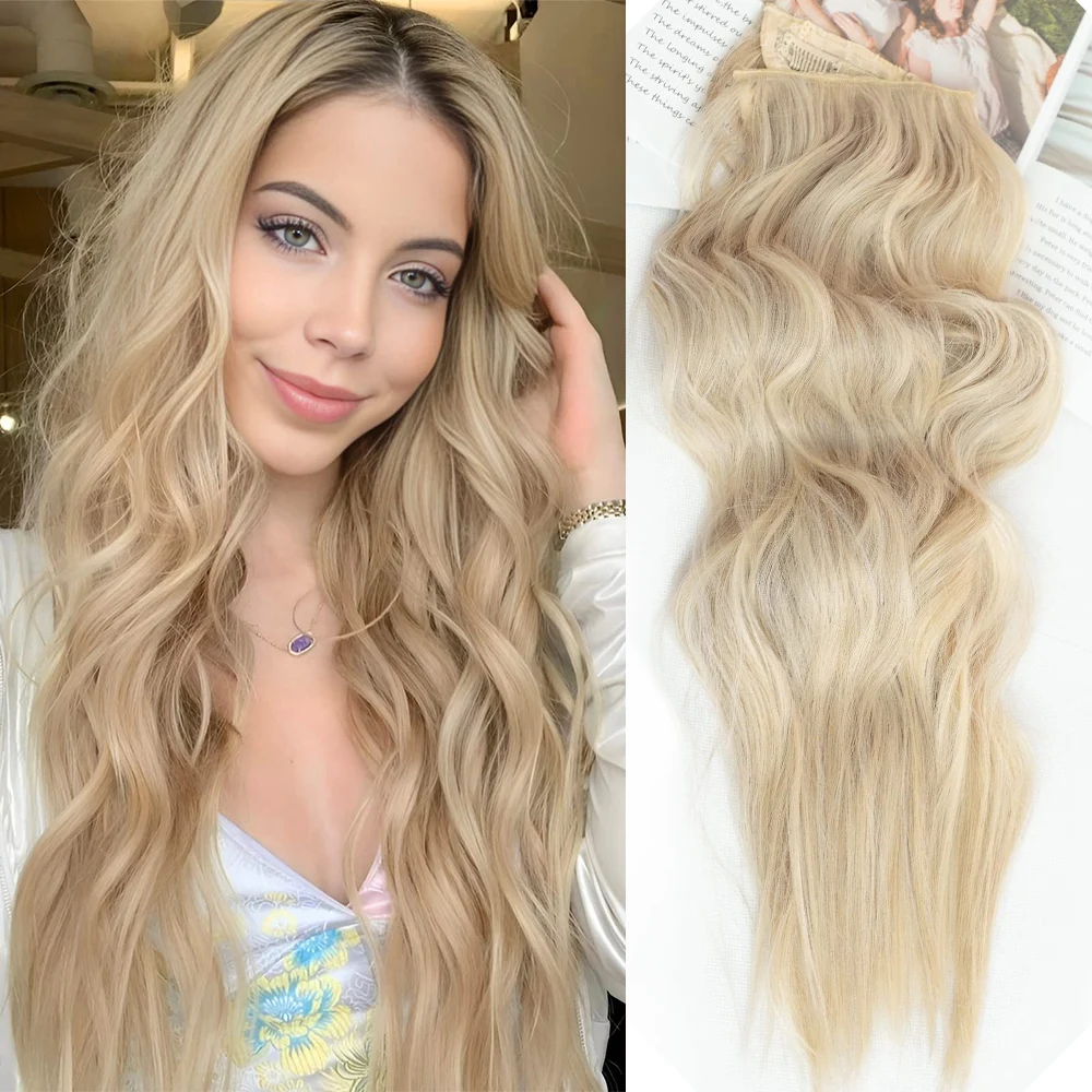 Synthetic 20Inch Long Wavy Invisible Wire Hair Extensions 4 Clips In Hairpiece For Women Brown Natural Black Daily Party Use