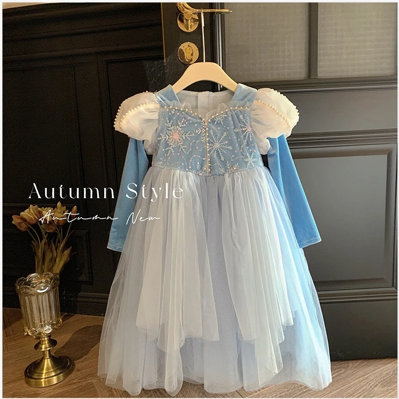 Синее платье принцессы для девочек детское 2024 новое осенне-зимнее модное простое