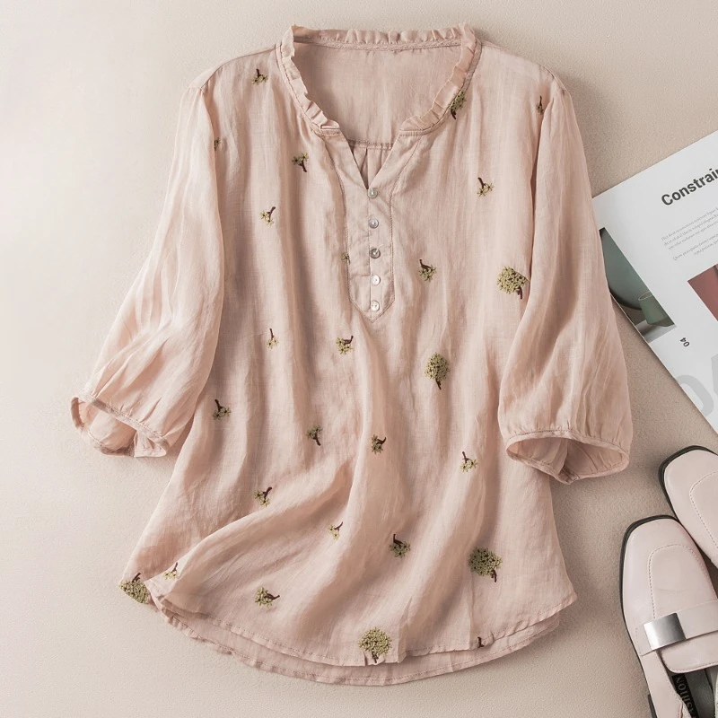 Женская рубашка в китайском стиле хлопковая льняная блузка с винтажной вышивкой