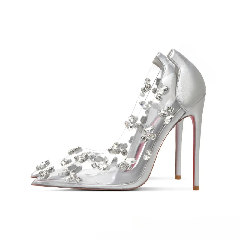 Серебряные прозрачные женские туфли-лодочки со стразами сандалии пикантные
