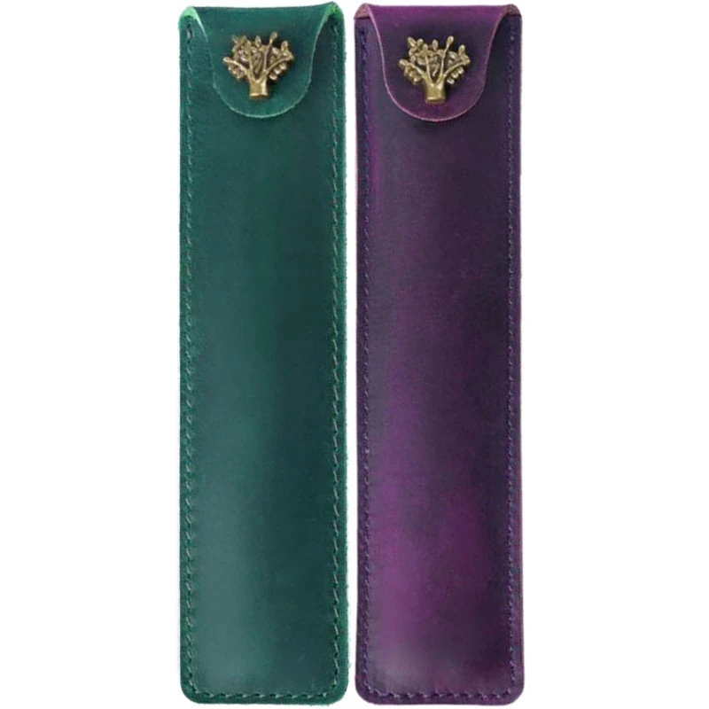 

2X Genuine Leather Pen Pouch Holder Single Pencil Bag Pen Case With Snap Button Green & Purple