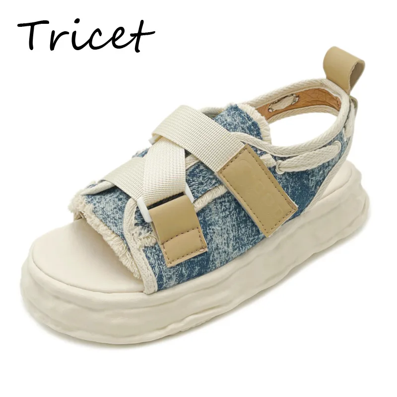

2022 New Open Toe Casual Cowboy Sandals Women Summer Thick Sole Gladiator Sandals Female Light Breathable Anti Slip Flat Sandals