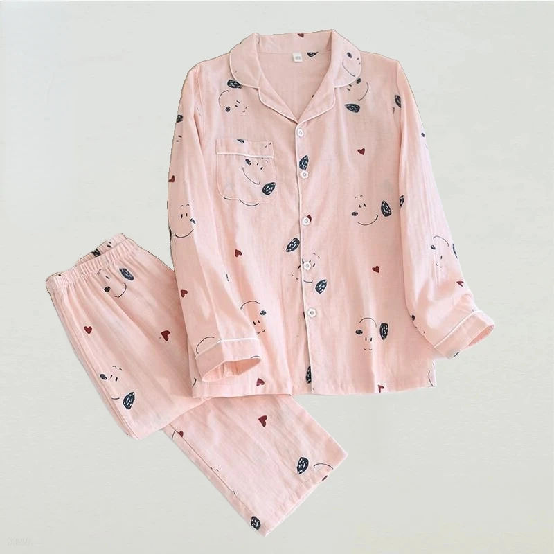 Pajamas Summer Women Cotton Cartoon Cat Printed 2Pcs Turn-down Neck Shirt+Pants Pyjamas Soft Clothes Female Underwear
