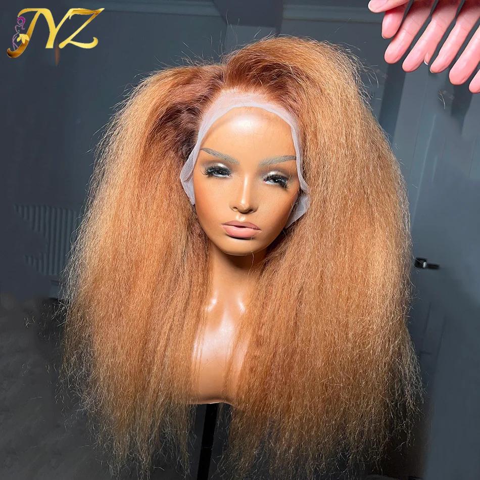 

#27 Ginger Orange Colored Kinky Straight Lace Front Wig Dark Auburn Copper Color Human Hair Yaki Lace Wigs for Women Pre Plucked