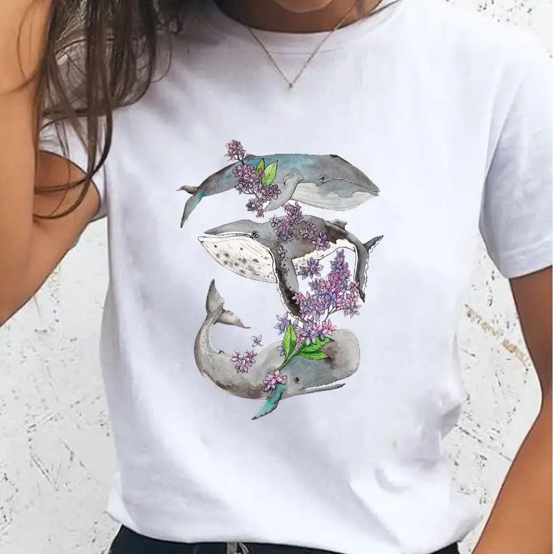 

Women T-shirts Sea Animal Flower Cute 90s Female T Cartoon Clothes Short Sleeve Casual Fashion Lady Graphic Top Tshirt Tee