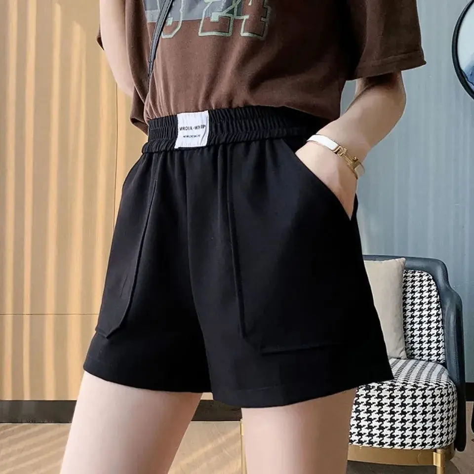 Women's Shorts With Pocket Summer Cotton Pure Color High Waist Hot Pants Casual Loose Sports Pants Elastic Waist Cycling Shorts