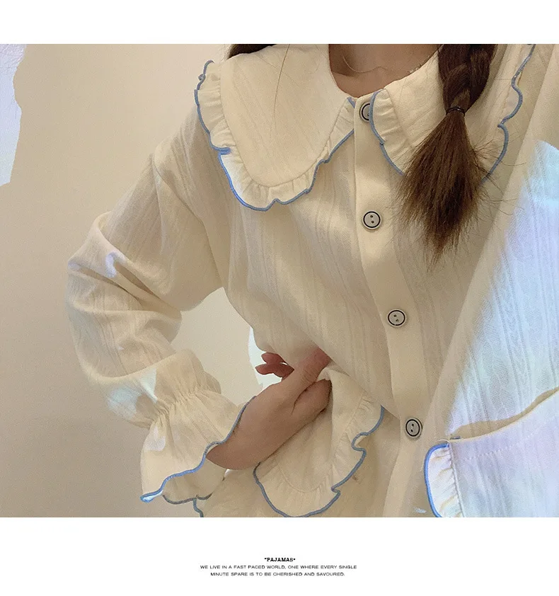Pijama Mujer Doll Collar Sweet Pajamas Women Spring Autumn Cotton Long Sleeve Sleepwear Korean Loose Outwear Household Set