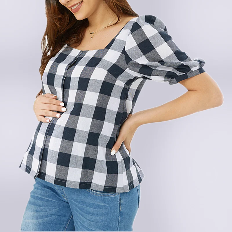 

Summer Maternity Tops Maternity Blouse Plaid Short Sleeve Square Collar Pregnancy Clothes Nursing Shirts Pregnant Women