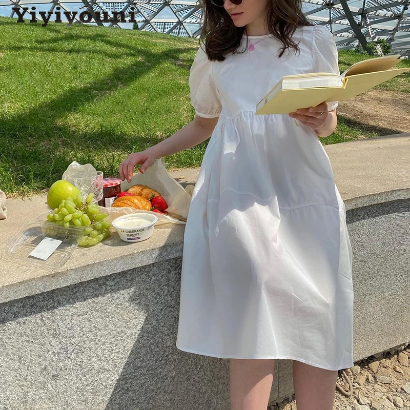 

Yiyiyouni Casual Loose Puff Sleeve Midi Dress Women Summer Wide-waisted Chiffon White Dresses Female Boho Holiday Party Dress