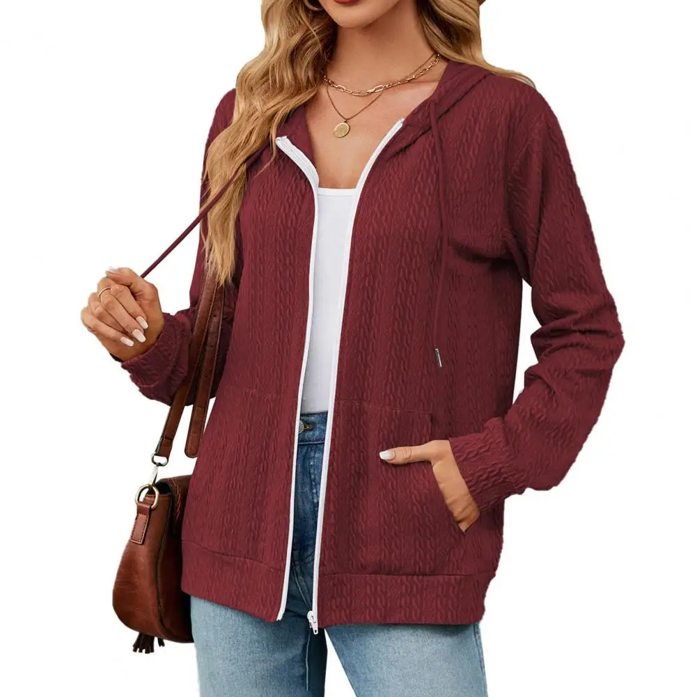

Sweatshirts Women Coat Hooded Drawstring Solid Color Long Sleeve Zip Up Thin Pockets Casual Loose Hodoed Knitted Jacket Women