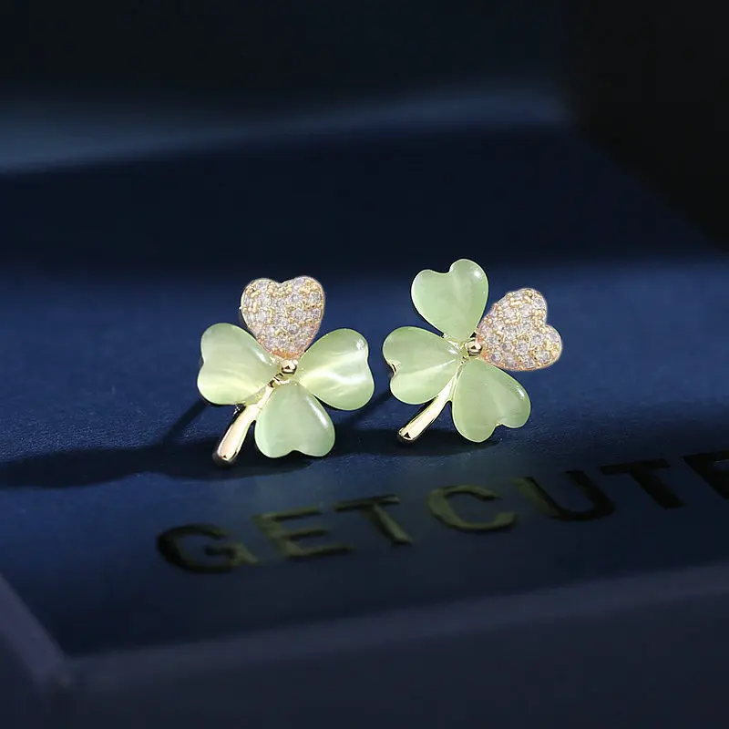 

Sweet Zircons Pink Green Four-leaf Flower Opal Clover Earring Luxury Statement Stud Earring for Women Wedding Bridal Jewelry