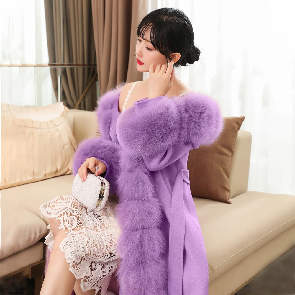 Double-sided Cashmere Coat Women's Light Luxury Detachable Fox Fur Collar X-Long Over-knee Waist-Slim Woolen Coat