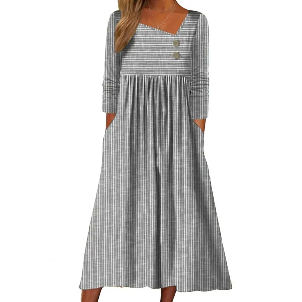 

Printed Striped Dress Striped Midi Dresses with Skew Collar Pockets Button Details Loose A-line Fit for Women's Autumn Wardrobe