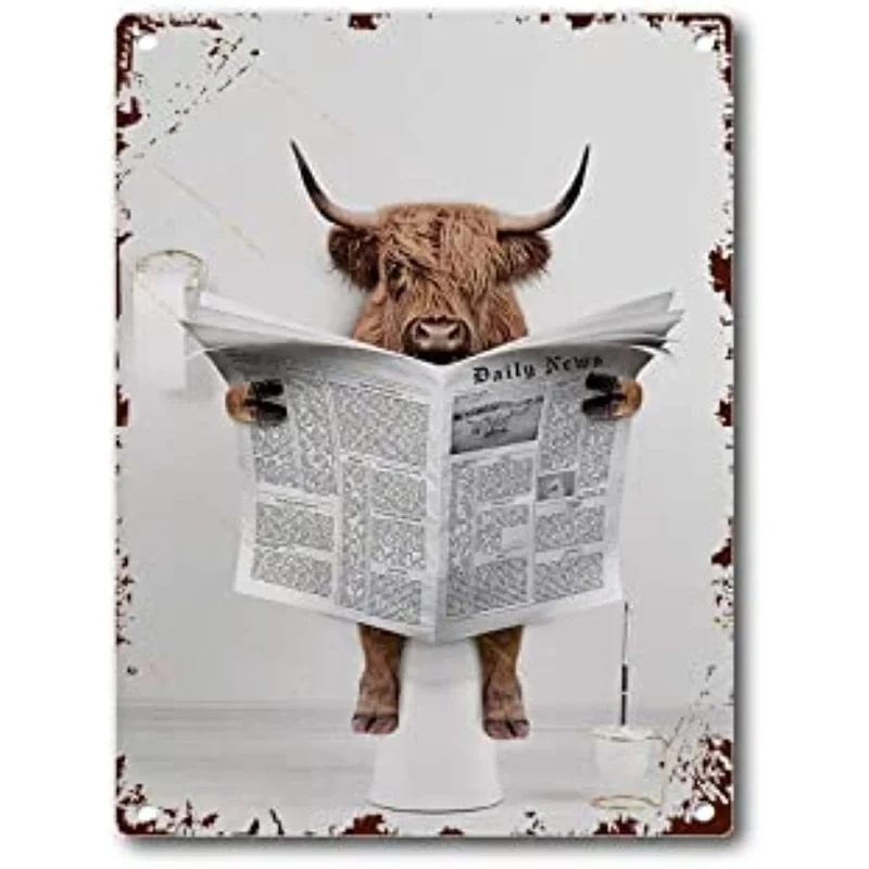 

Tin Sign Scottish Highland Cow in Toilet Reading Newspaper Bathroom Humour, Funny Bathroom Toilet Whimsy Animal 1