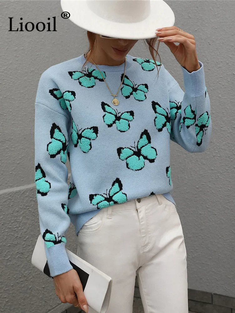 

Butterfly Print Sweater Women Warm Pullovers Long Sleeve Knitted Tops Jumpers Knitting Pull Autumn Winter Thick Knit Sweaters